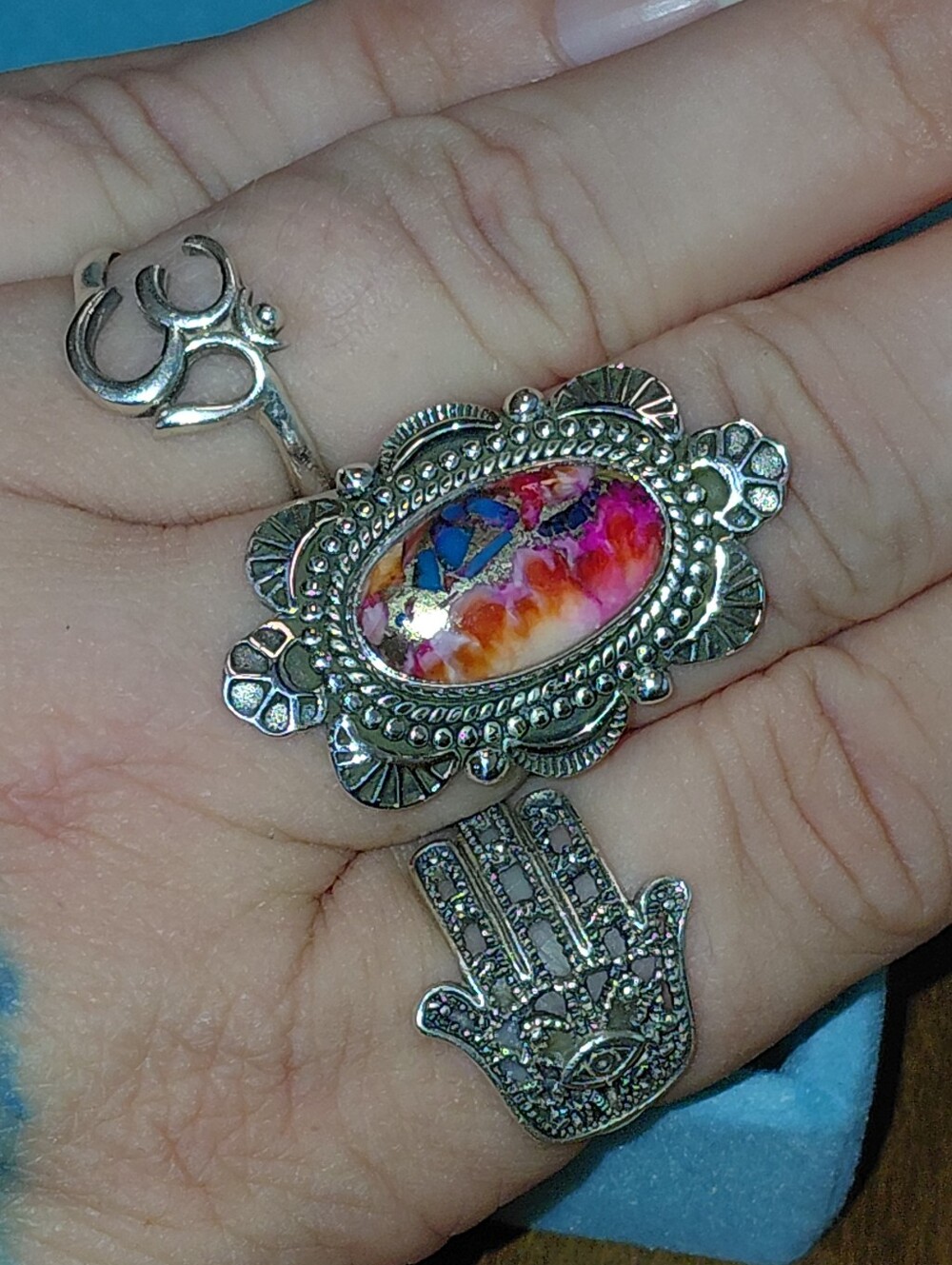Pink Dahlia Turquoise Boho Sterling Silver Statement Ring